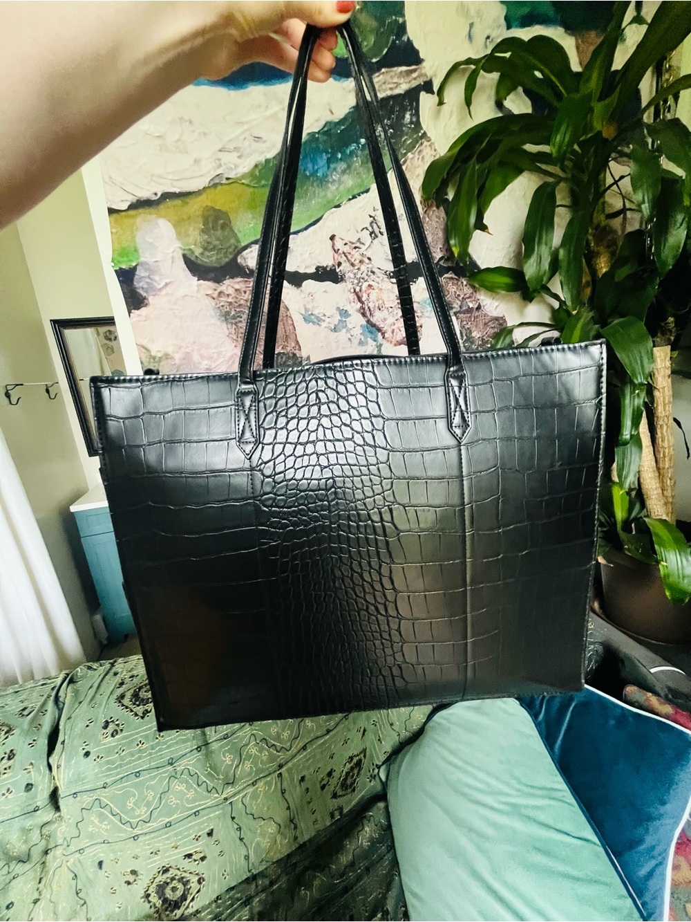 BEIS Large Black Croc-Embossed Laptop Tote